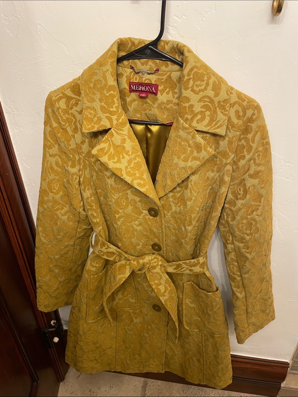 Y2K Merona Mustard Yellow Jacquard Belted Trench Coat EUC
